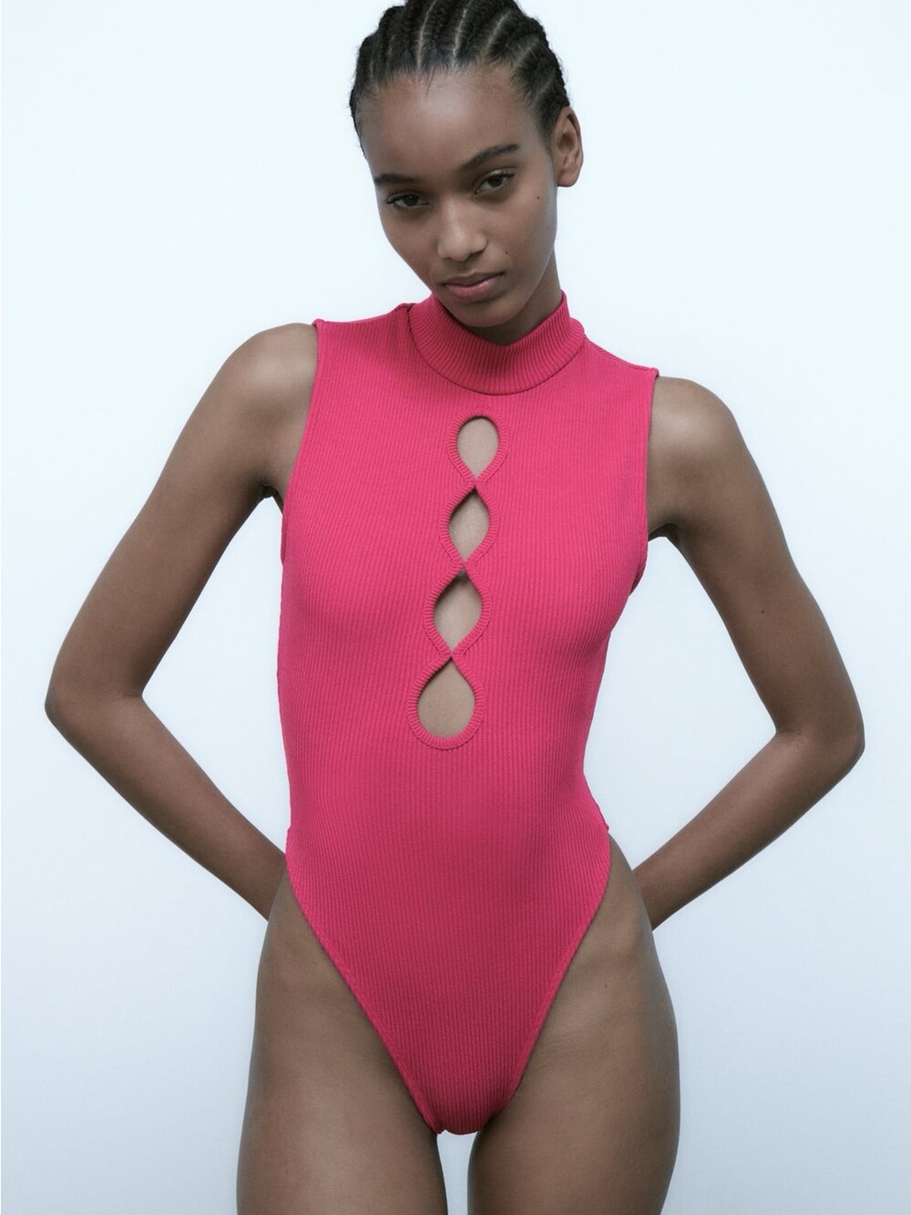 Zara Hot Pink Sleeveless Ribbed High-Neck Bodysuit with Front Cutouts